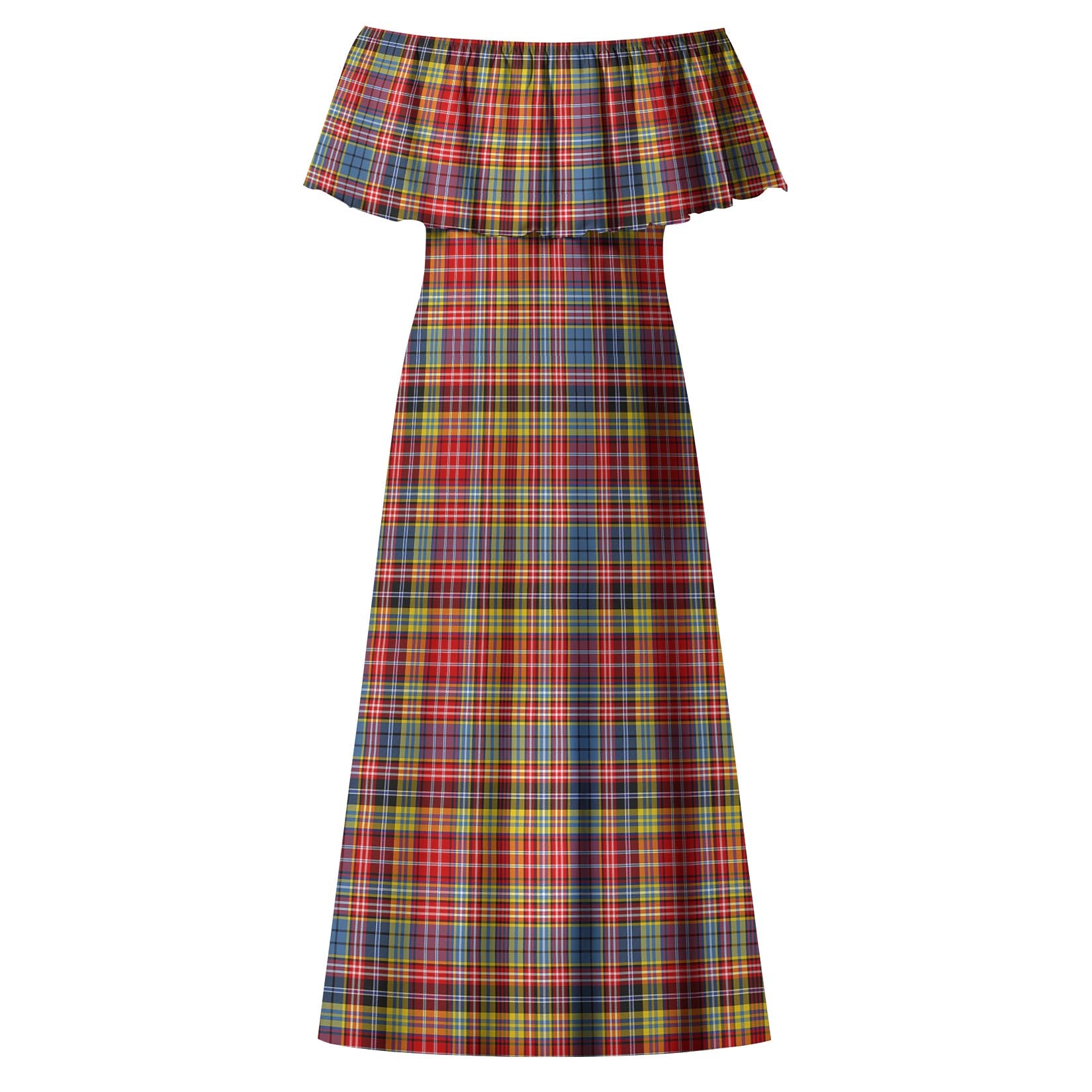 Drummond of Strathallan Modern Tartan Off Shoulder Long Dress - Tartanvibesclothing