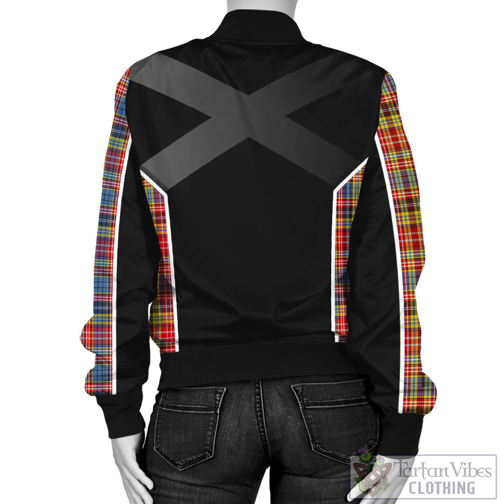 Tartan Vibes Clothing Drummond of Strathallan Modern Tartan Bomber Jacket with Family Crest and Scottish Thistle Vibes Sport Style