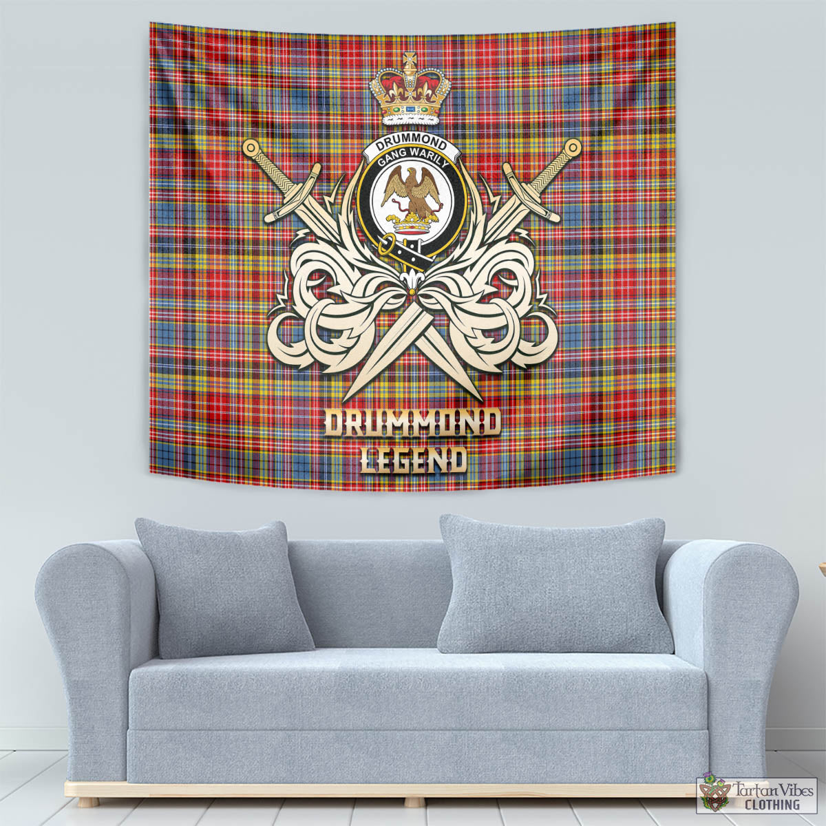 Tartan Vibes Clothing Drummond of Strathallan Modern Tartan Tapestry with Clan Crest and the Golden Sword of Courageous Legacy