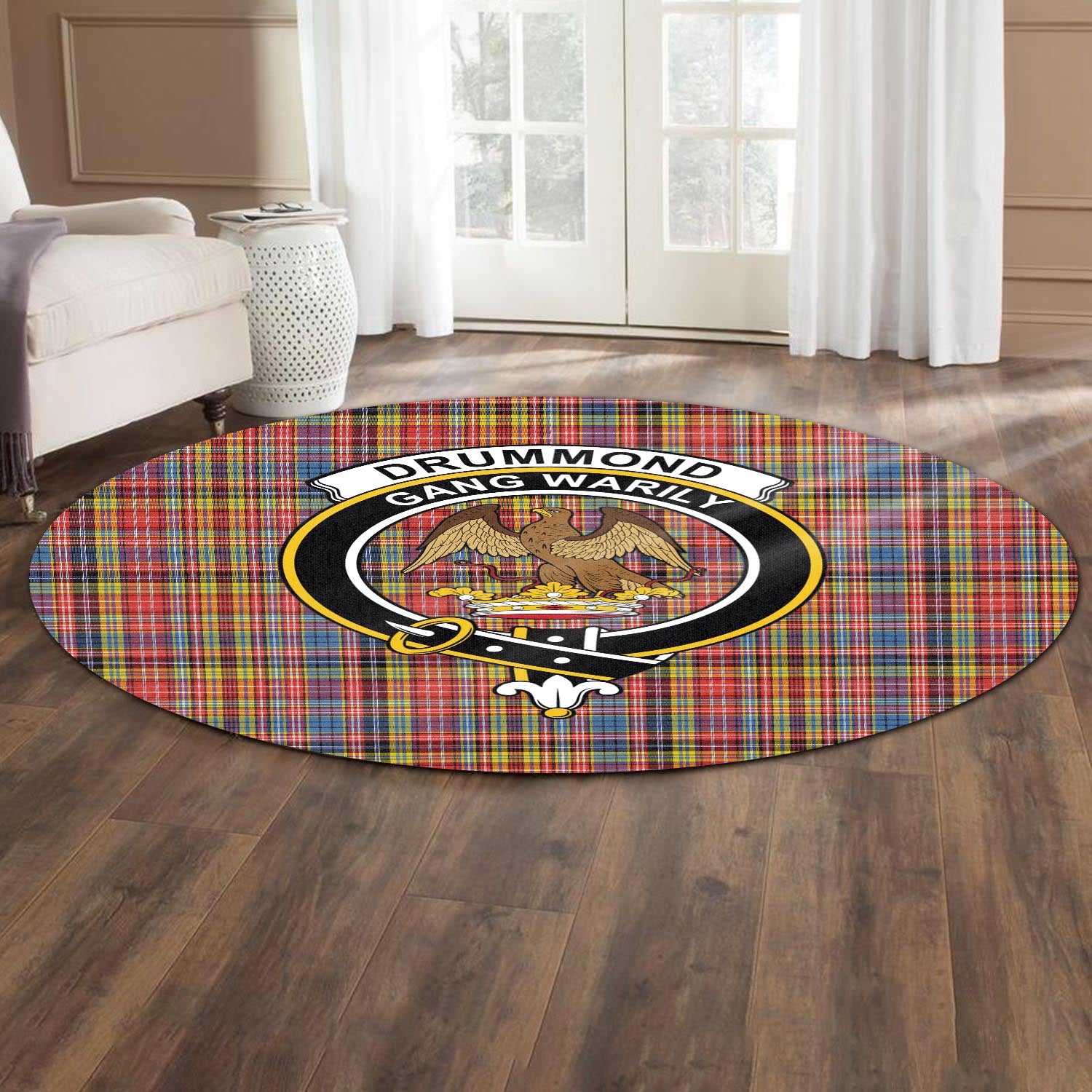 Drummond of Strathallan Modern Tartan Round Rug with Family Crest - Tartanvibesclothing