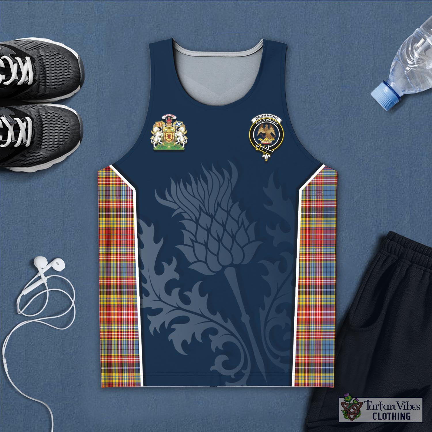 Tartan Vibes Clothing Drummond of Strathallan Modern Tartan Men's Tanks Top with Family Crest and Scottish Thistle Vibes Sport Style