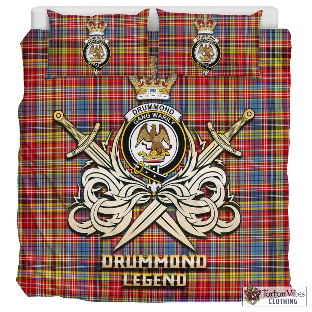 Tartan Vibes Clothing Drummond of Strathallan Modern Tartan Bedding Set with Clan Crest and the Golden Sword of Courageous Legacy