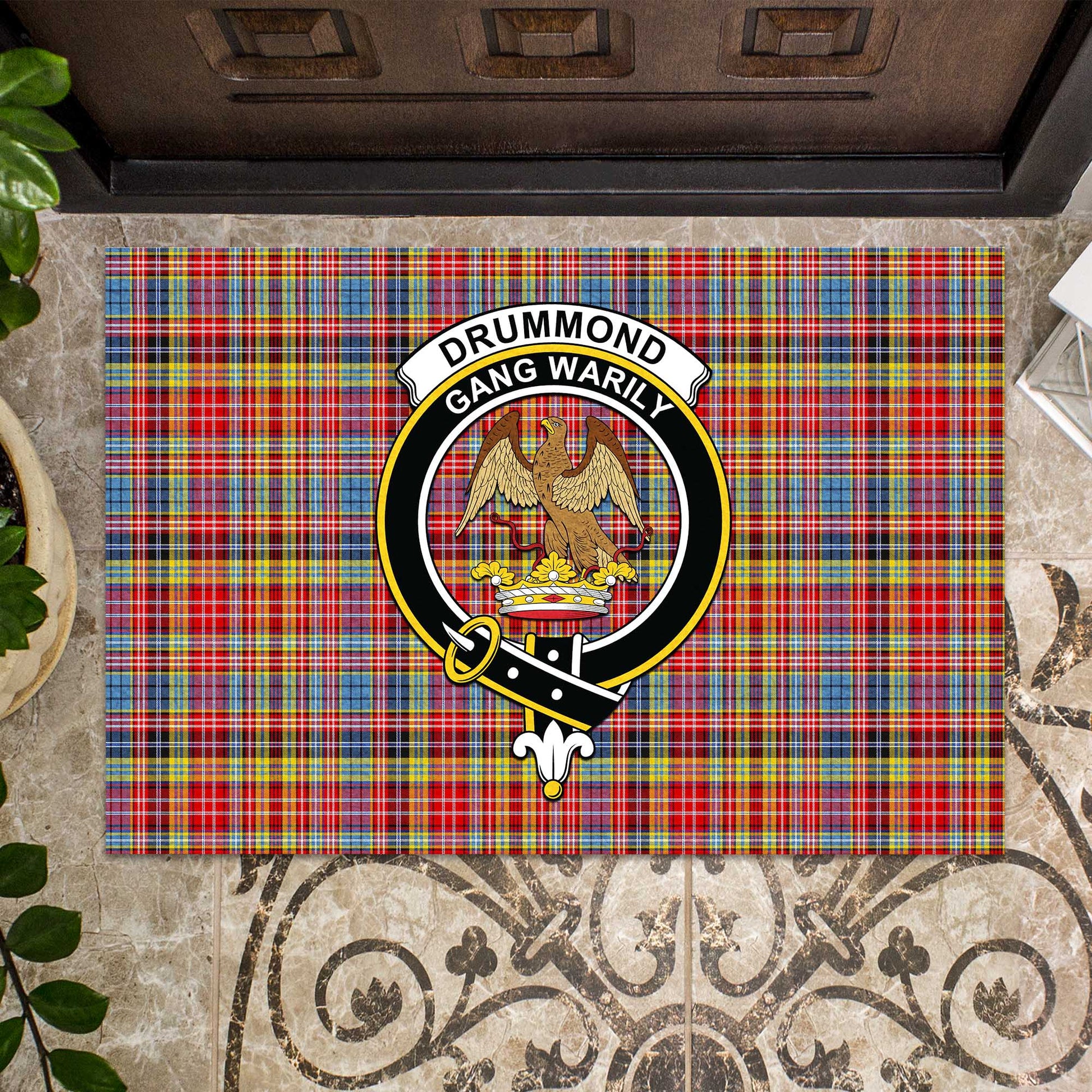 Drummond of Strathallan Modern Tartan Door Mat with Family Crest - Tartanvibesclothing