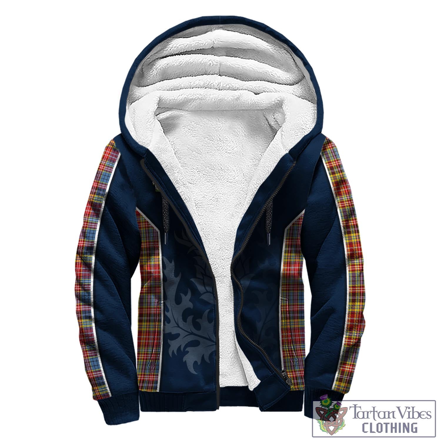 Tartan Vibes Clothing Drummond of Strathallan Modern Tartan Sherpa Hoodie with Family Crest and Scottish Thistle Vibes Sport Style