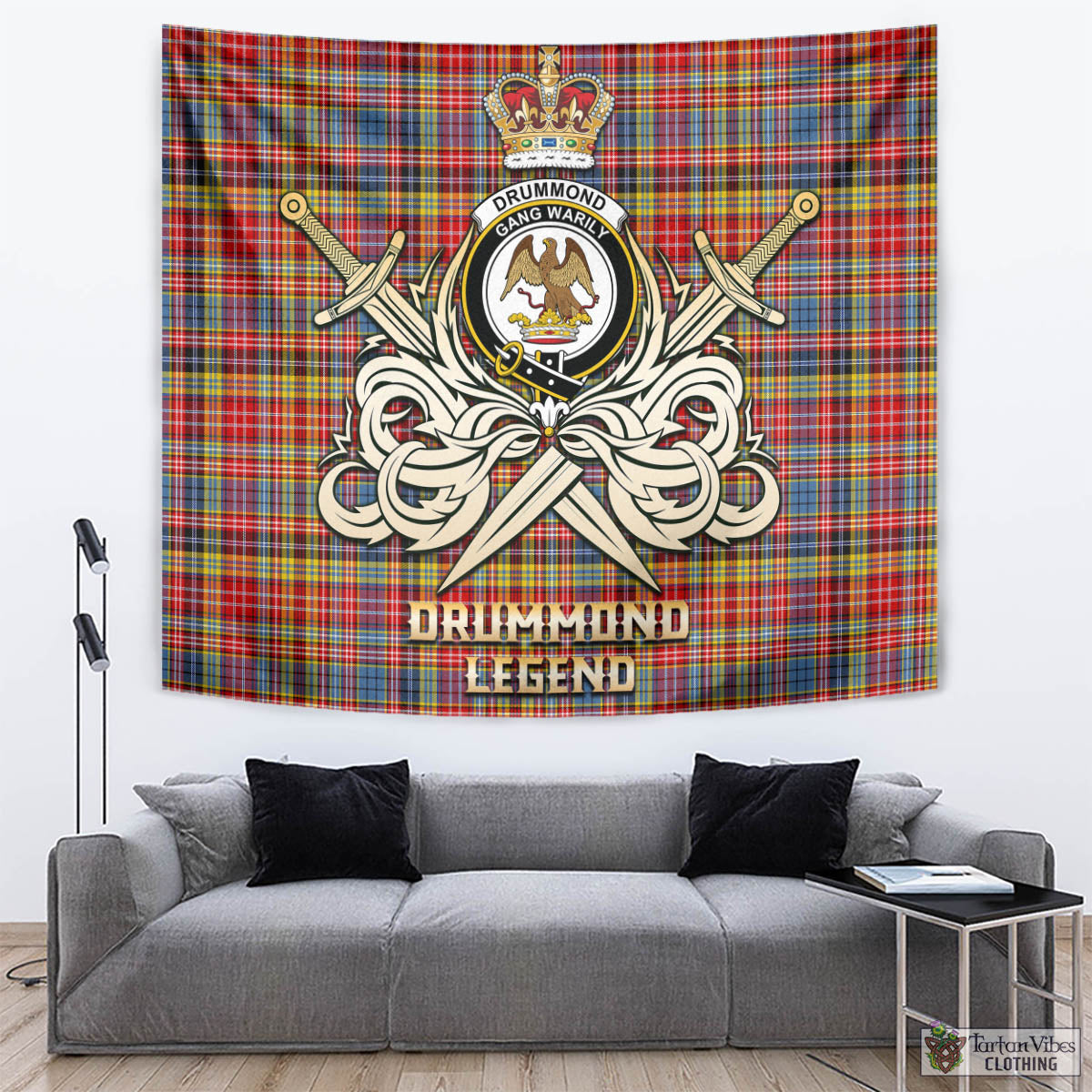 Tartan Vibes Clothing Drummond of Strathallan Modern Tartan Tapestry with Clan Crest and the Golden Sword of Courageous Legacy