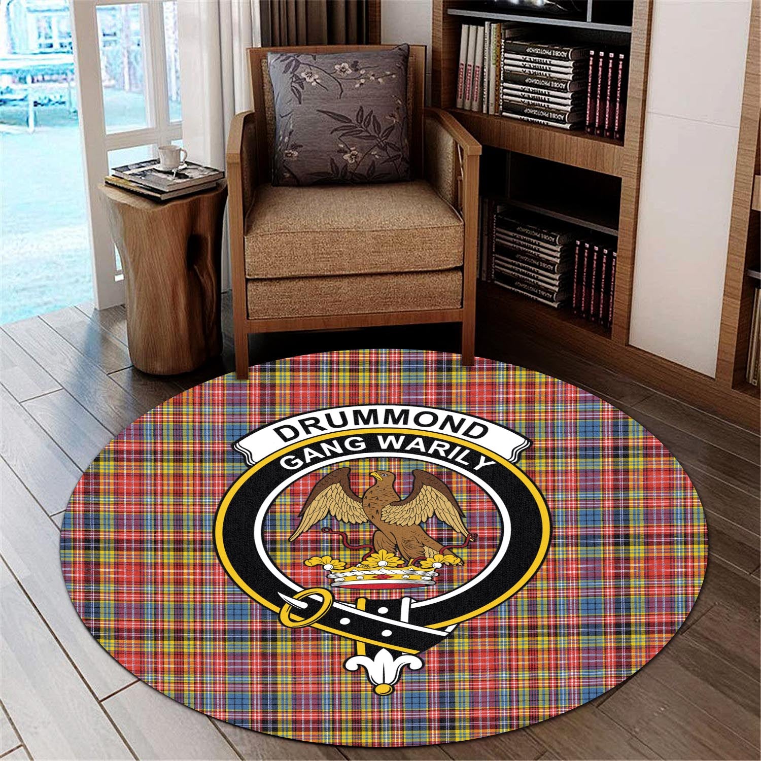 Drummond of Strathallan Modern Tartan Round Rug with Family Crest - Tartanvibesclothing