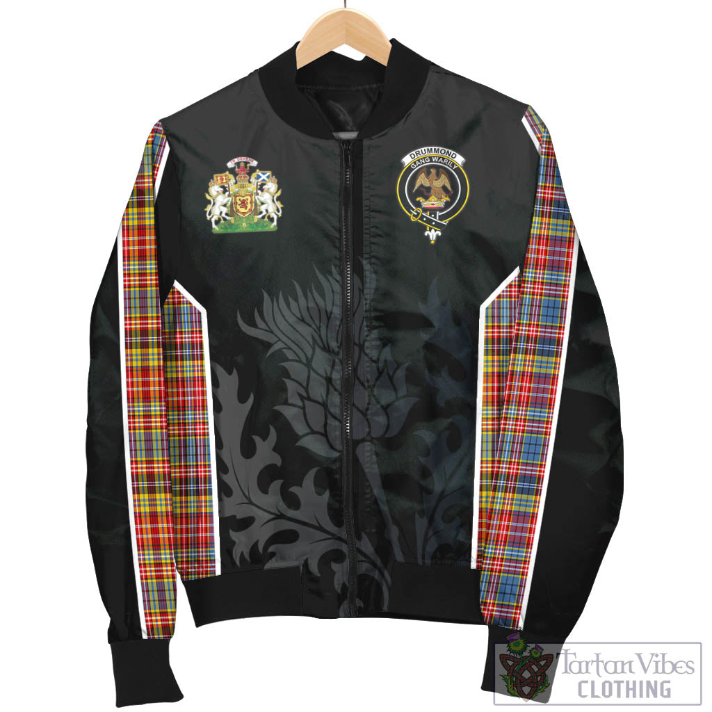 Tartan Vibes Clothing Drummond of Strathallan Modern Tartan Bomber Jacket with Family Crest and Scottish Thistle Vibes Sport Style