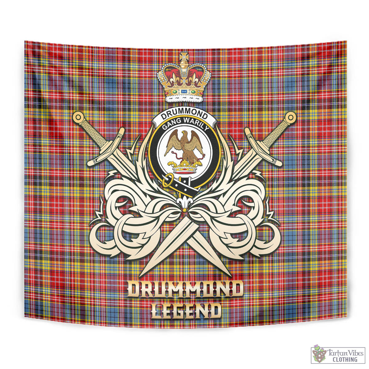 Tartan Vibes Clothing Drummond of Strathallan Modern Tartan Tapestry with Clan Crest and the Golden Sword of Courageous Legacy