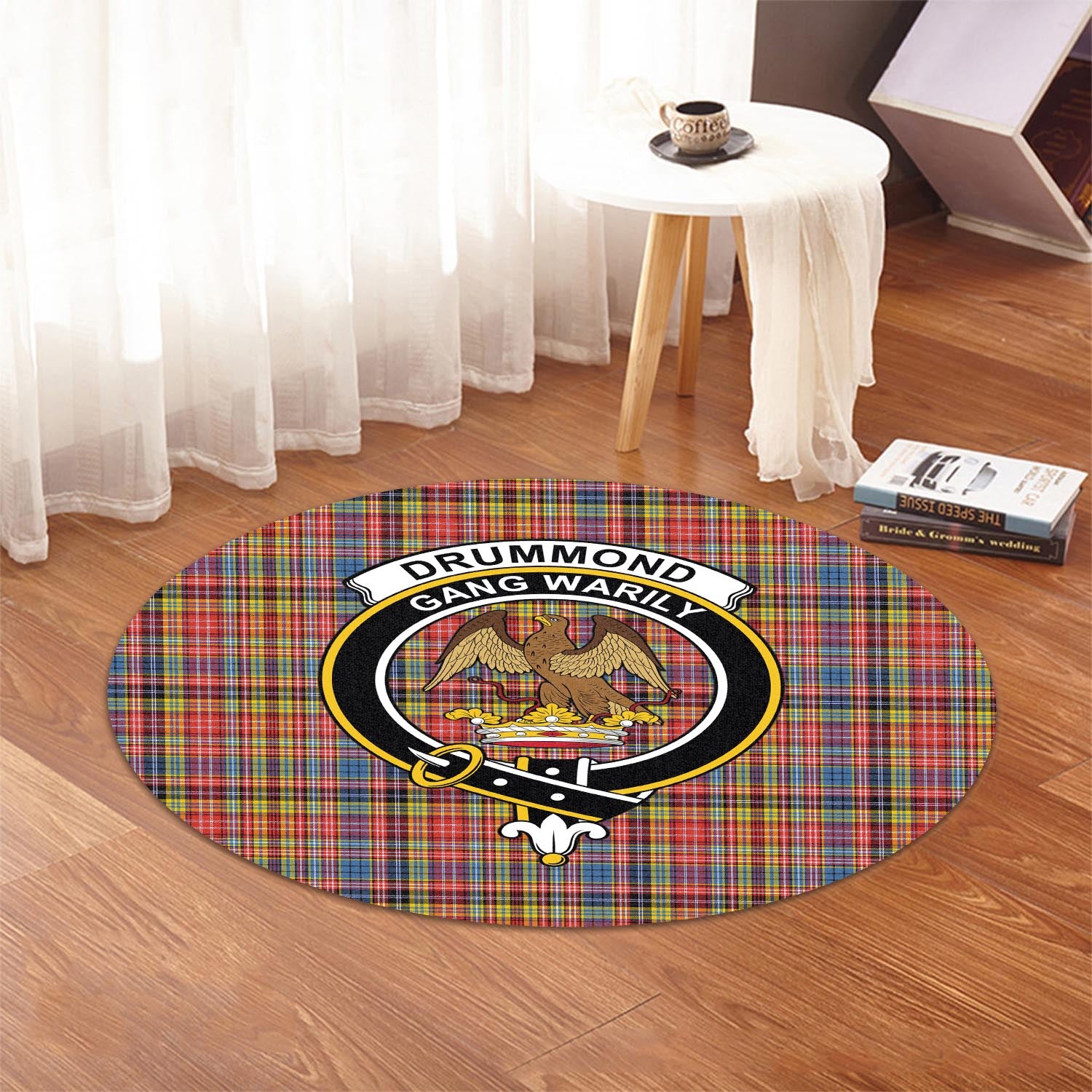 Drummond of Strathallan Modern Tartan Round Rug with Family Crest - Tartanvibesclothing