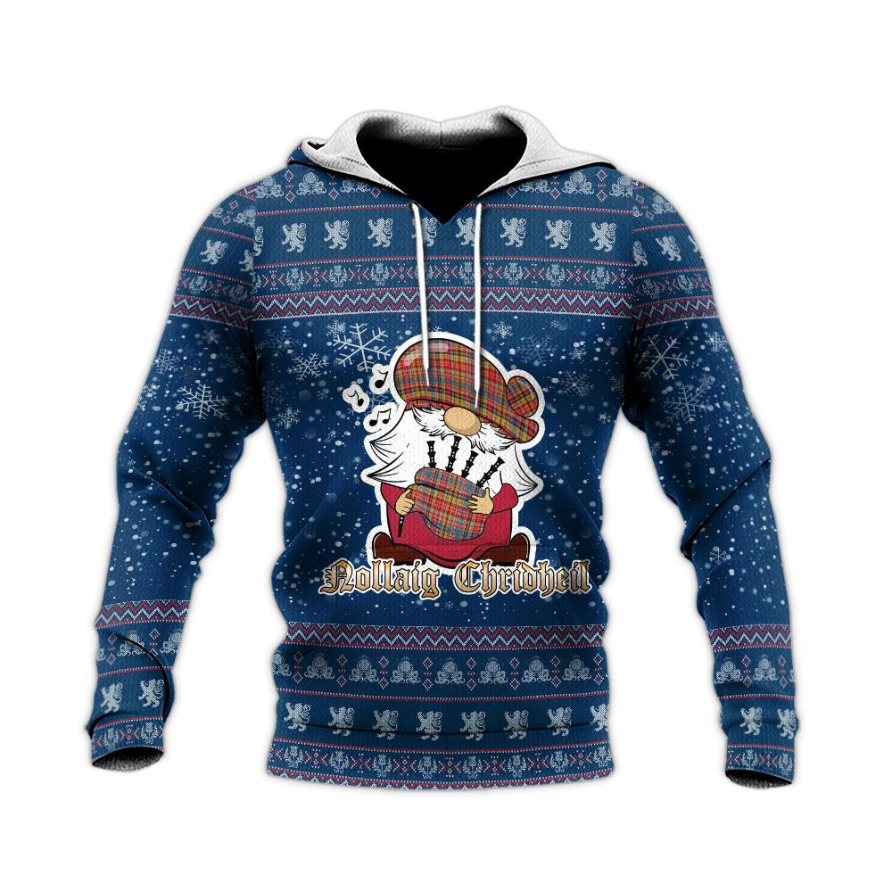 Drummond of Strathallan Modern Clan Christmas Knitted Hoodie with Funny Gnome Playing Bagpipes - Tartanvibesclothing