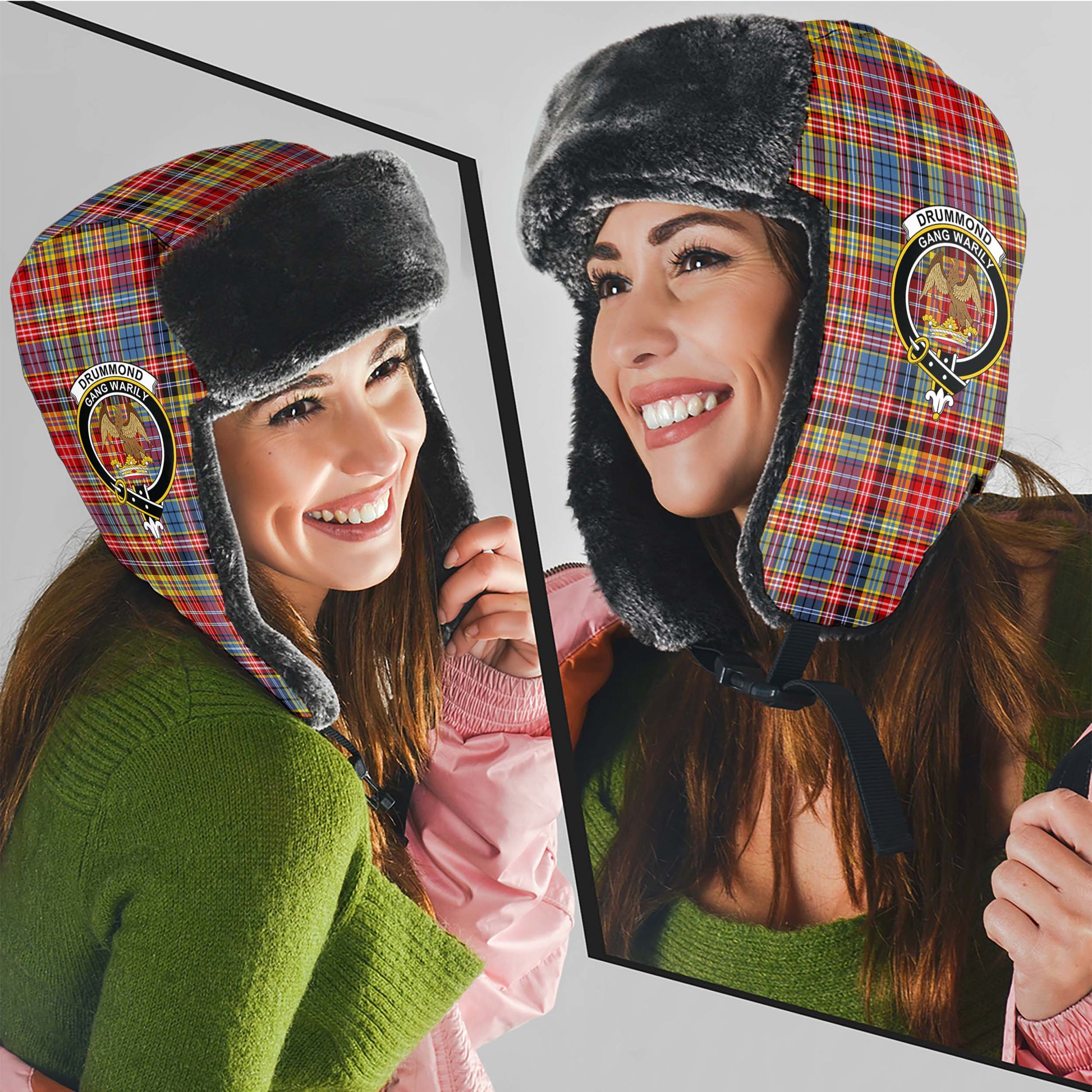 Drummond of Strathallan Modern Tartan Winter Trapper Hat with Family Crest - Tartanvibesclothing