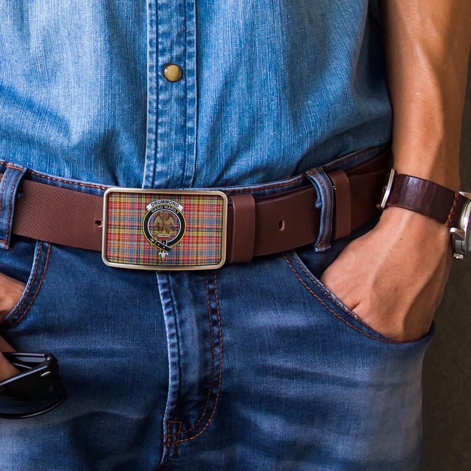 Drummond of Strathallan Modern Tartan Belt Buckles with Family Crest - Tartan Vibes Clothing