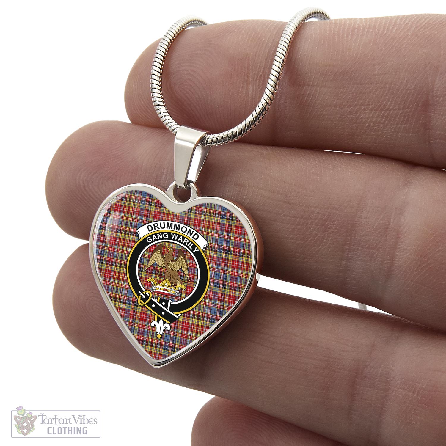 Tartan Vibes Clothing Drummond of Strathallan Modern Tartan Heart Necklace with Family Crest