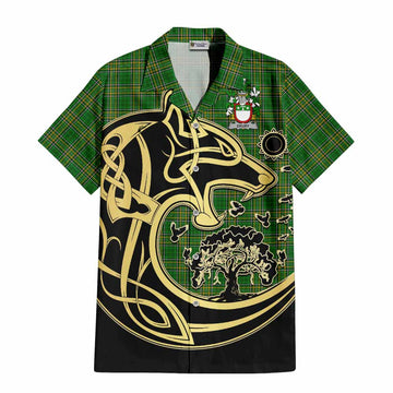 Drury Irish Tartan Short Sleeve Button Shirt with Coat of Arms Celtic Wolf Style