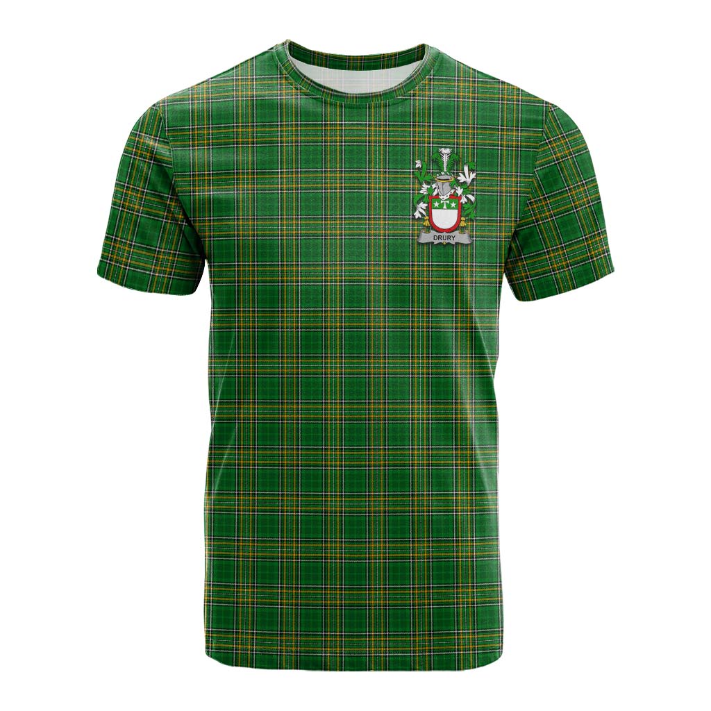 Tartan Vibes Clothing Drury Irish Clan Tartan Cotton T-shirt with Coat of Arms