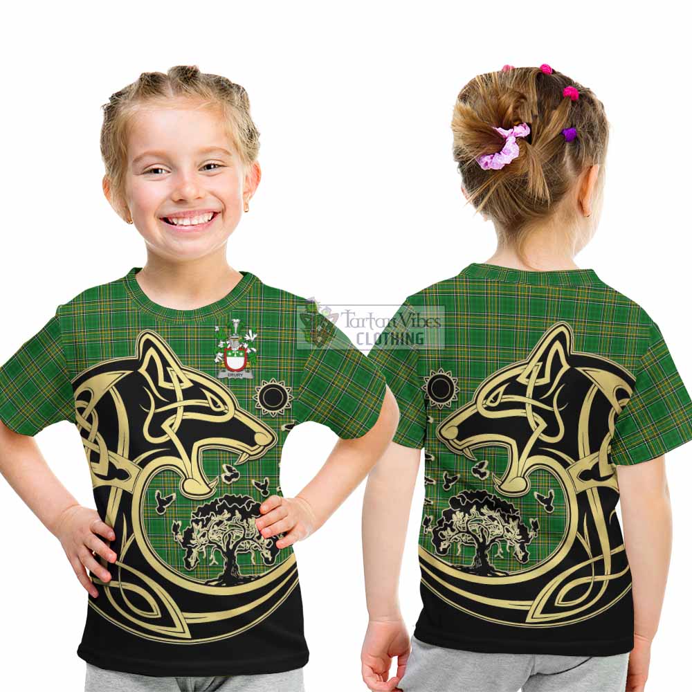 Tartan Vibes Clothing Drury Irish Tartan Kid T-Shirt with Coat of Arms Celtic Wolf Style