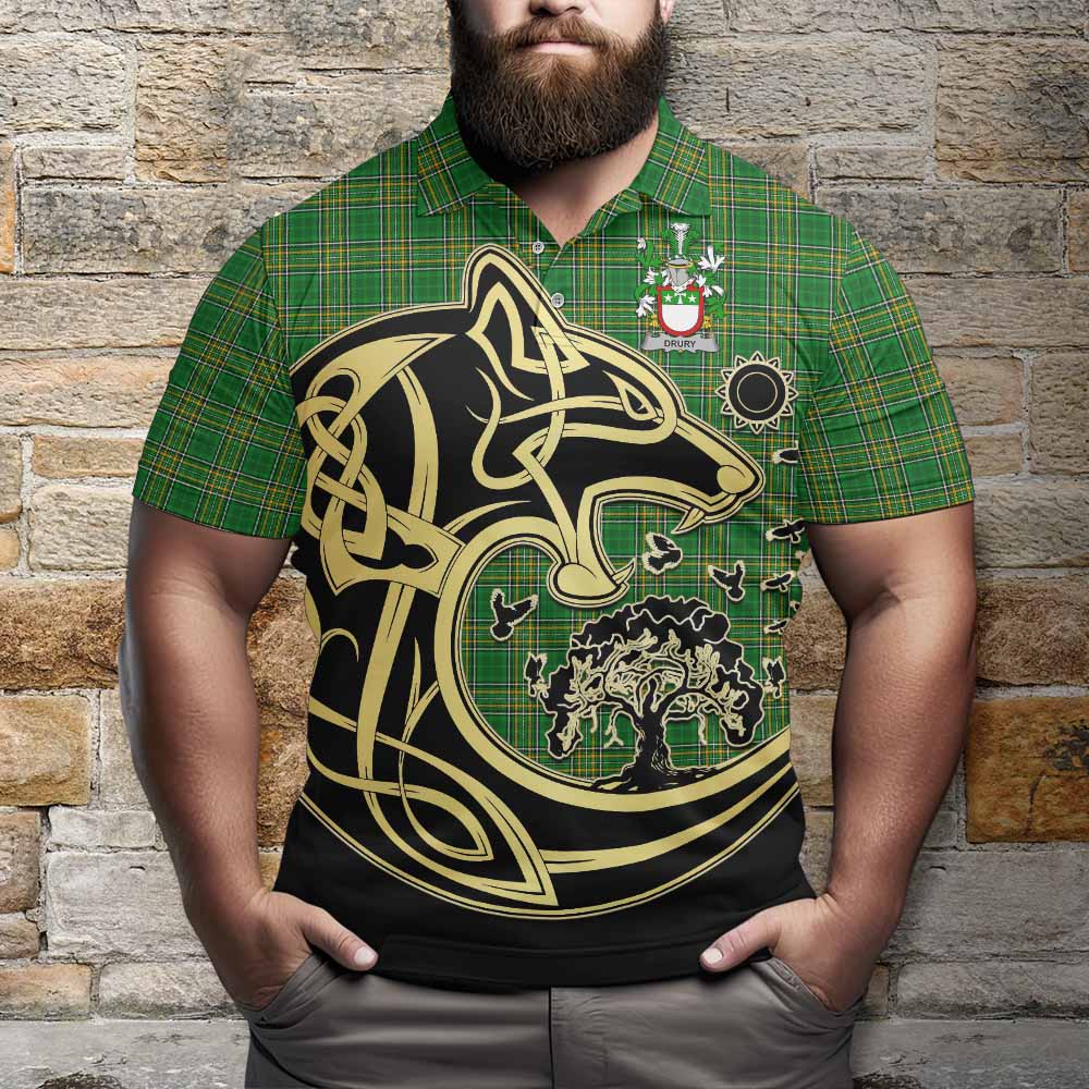 Tartan Vibes Clothing Drury Irish Tartan Polo Shirt with Coat of Arms Celtic Wolf Style