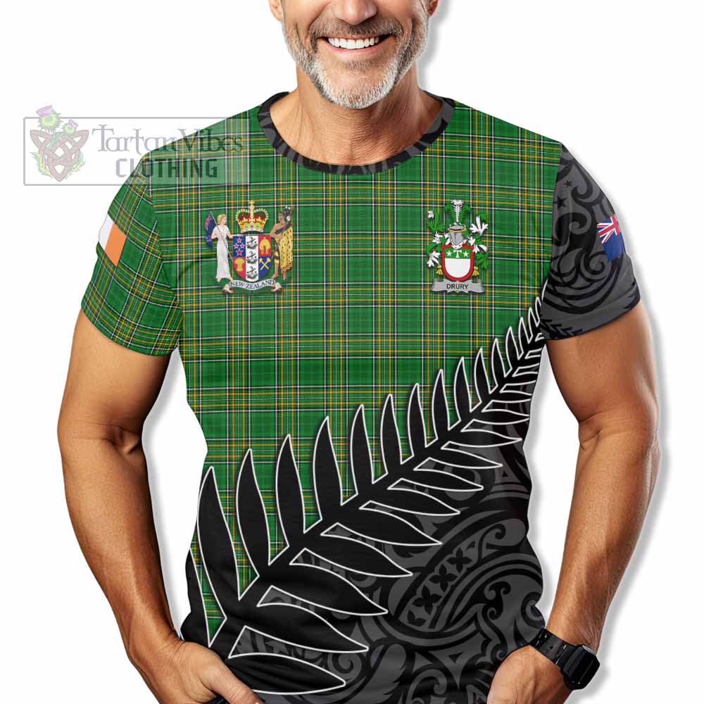 Tartan Vibes Clothing Drury Irish Clan Tartan T-Shirt with Coat of Arms New Zealand Silver Fern Half Style