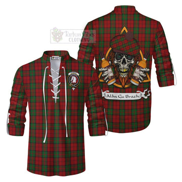 Dunbar Tartan Ghillie Kilt Shirt with Family Crest and Bearded Skull Holding Bottles of Whiskey