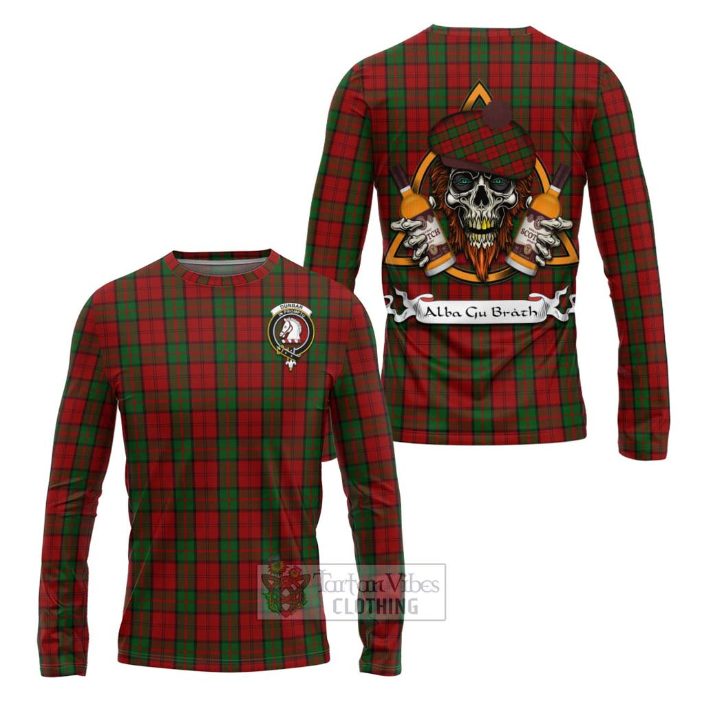 Tartan Vibes Clothing Dunbar Tartan Long Sleeve T-Shirt with Family Crest and Bearded Skull Holding Bottles of Whiskey