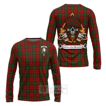 Dunbar Tartan Long Sleeve T-Shirt with Family Crest and Bearded Skull Holding Bottles of Whiskey