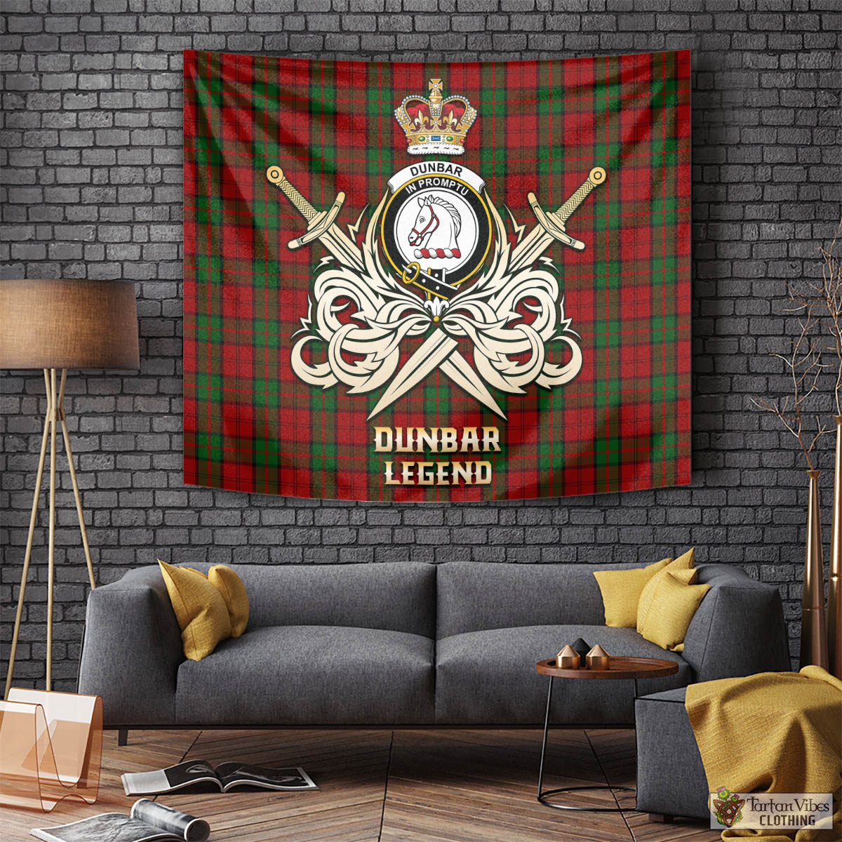 Tartan Vibes Clothing Dunbar Tartan Tapestry with Clan Crest and the Golden Sword of Courageous Legacy