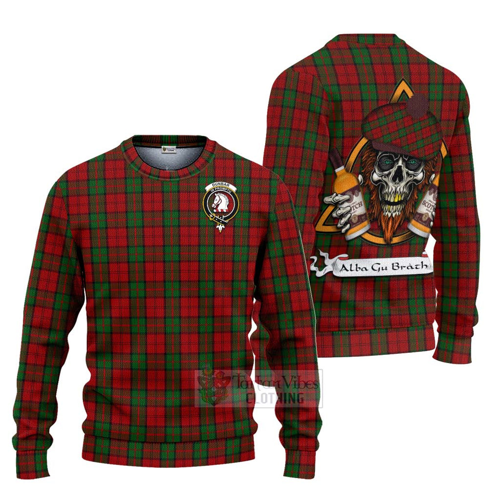 Tartan Vibes Clothing Dunbar Tartan Knitted Sweater with Family Crest and Bearded Skull Holding Bottles of Whiskey