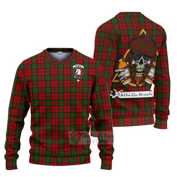 Dunbar Tartan Ugly Sweater with Family Crest and Bearded Skull Holding Bottles of Whiskey