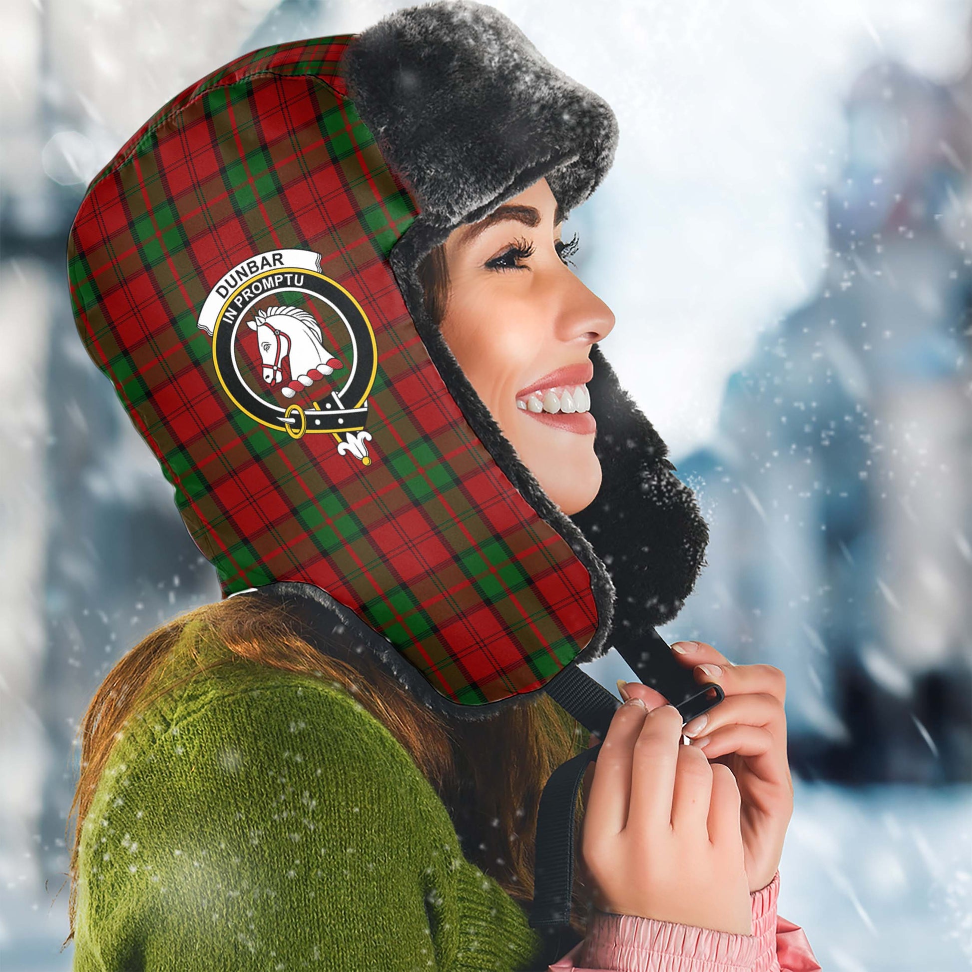 Dunbar Tartan Winter Trapper Hat with Family Crest Winter Trapper Hat Universal Fit Circumference 22.8in (58cm) - Tartanvibesclothing