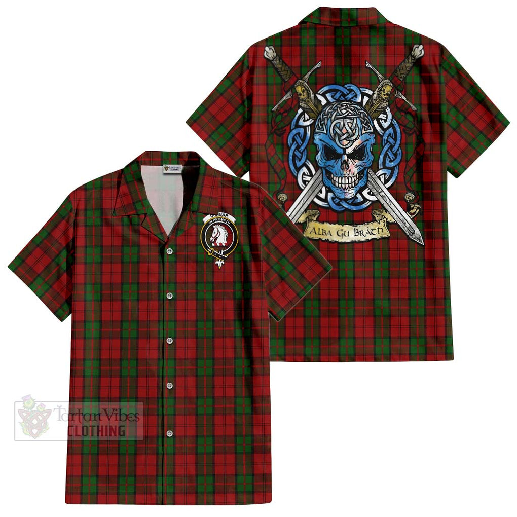 Tartan Vibes Clothing Dunbar Tartan Short Sleeve Button Shirt with Family Crest Celtic Skull Style