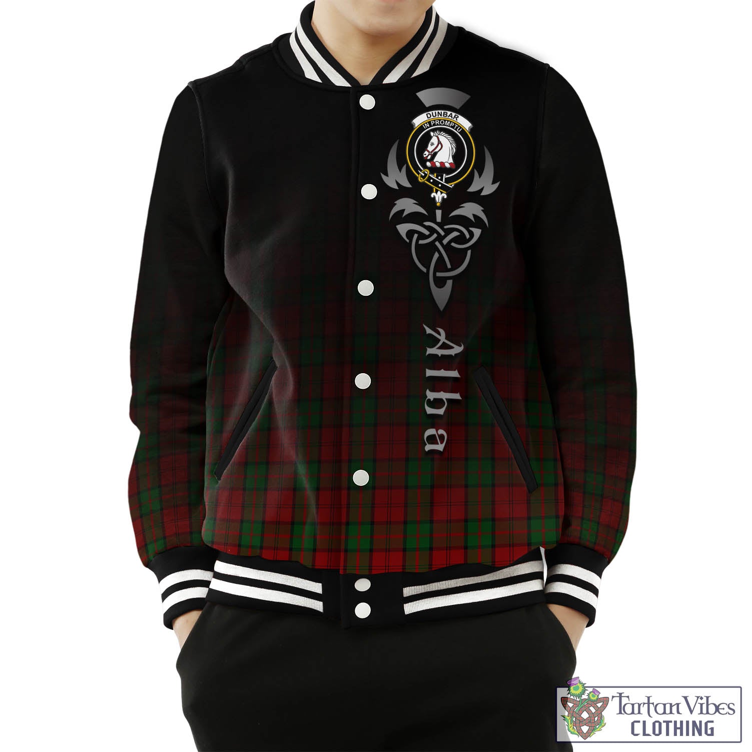 Tartan Vibes Clothing Dunbar Tartan Baseball Jacket Featuring Alba Gu Brath Family Crest Celtic Inspired