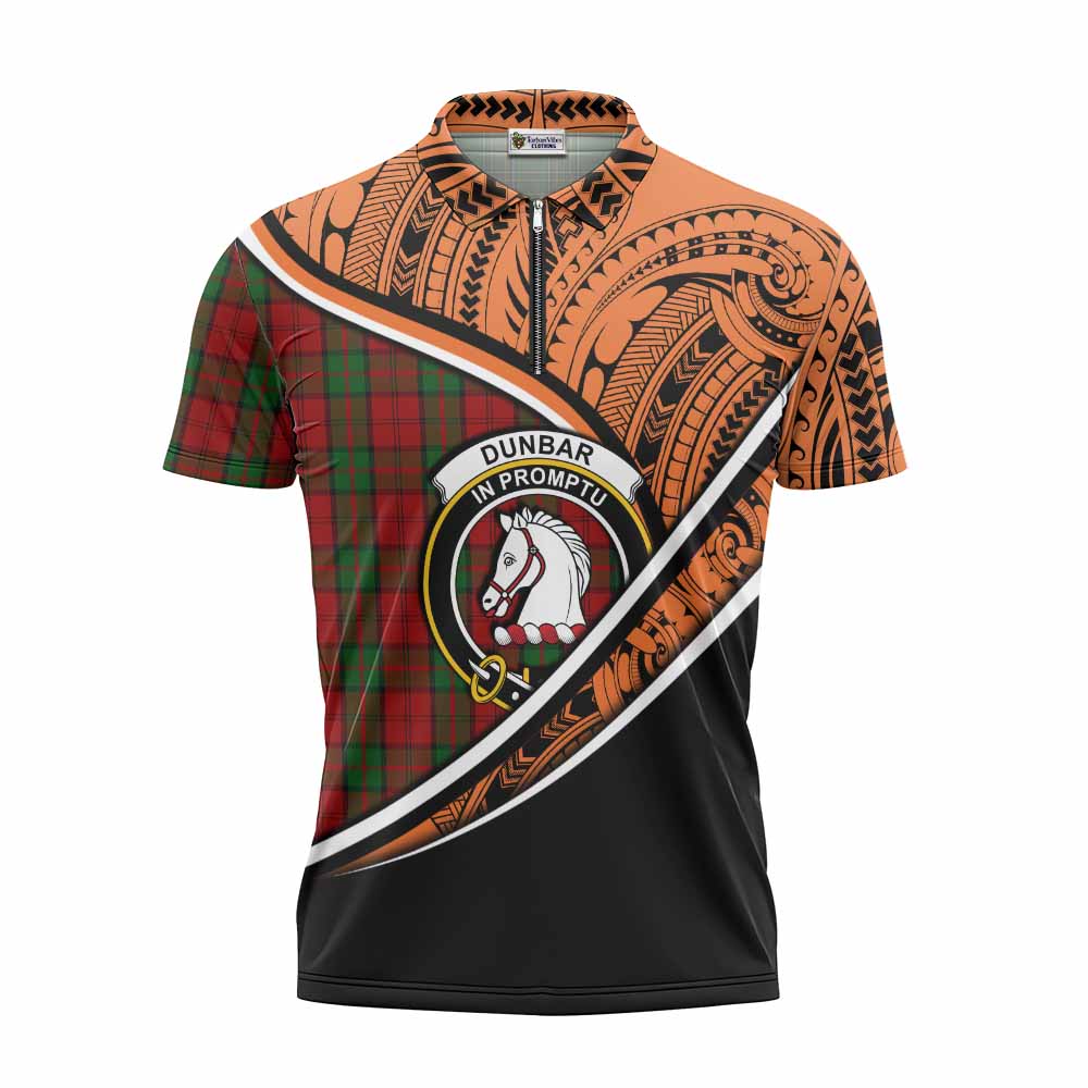 Tartan Vibes Clothing Dunbar Crest Tartan Zipper Polo Shirt with Maori Tattoo Style - Orange Version