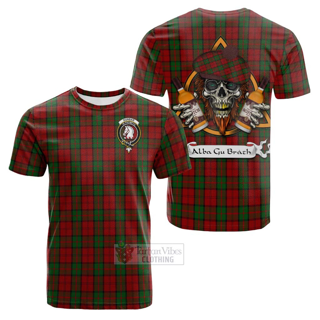 Tartan Vibes Clothing Dunbar Tartan Cotton T-shirt with Family Crest and Bearded Skull Holding Bottles of Whiskey