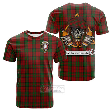 Dunbar Tartan Cotton T-shirt with Family Crest and Bearded Skull Holding Bottles of Whiskey