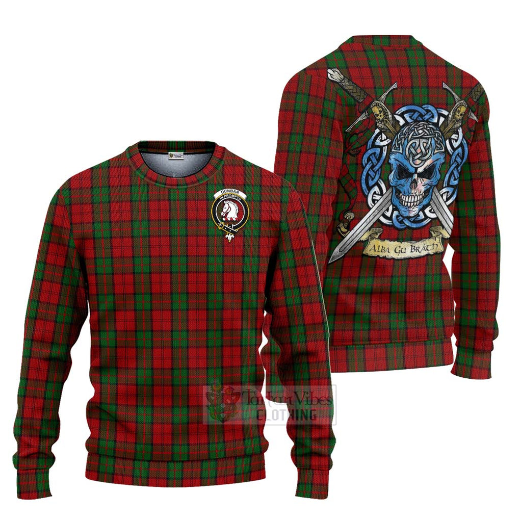 Tartan Vibes Clothing Dunbar Tartan Knitted Sweater with Family Crest Celtic Skull Style