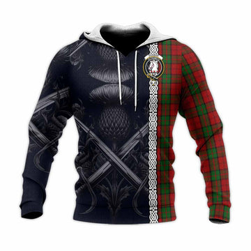 Dunbar Tartan Knitted Hoodie with Family Crest Cross Sword Thistle Celtic Vibes