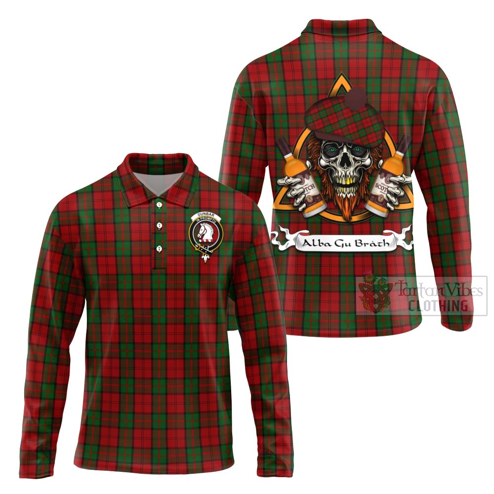 Tartan Vibes Clothing Dunbar Tartan Long Sleeve Polo Shirt with Family Crest and Bearded Skull Holding Bottles of Whiskey