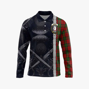 Dunbar Tartan Long Sleeve Polo Shirt with Family Crest Cross Sword Thistle Celtic Vibes