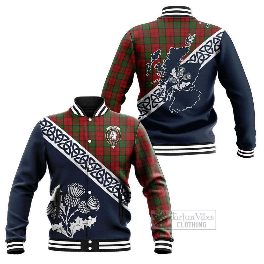 Tartan Vibes Clothing Dunbar Tartan Baseball Jacket Featuring Thistle and Scotland Map