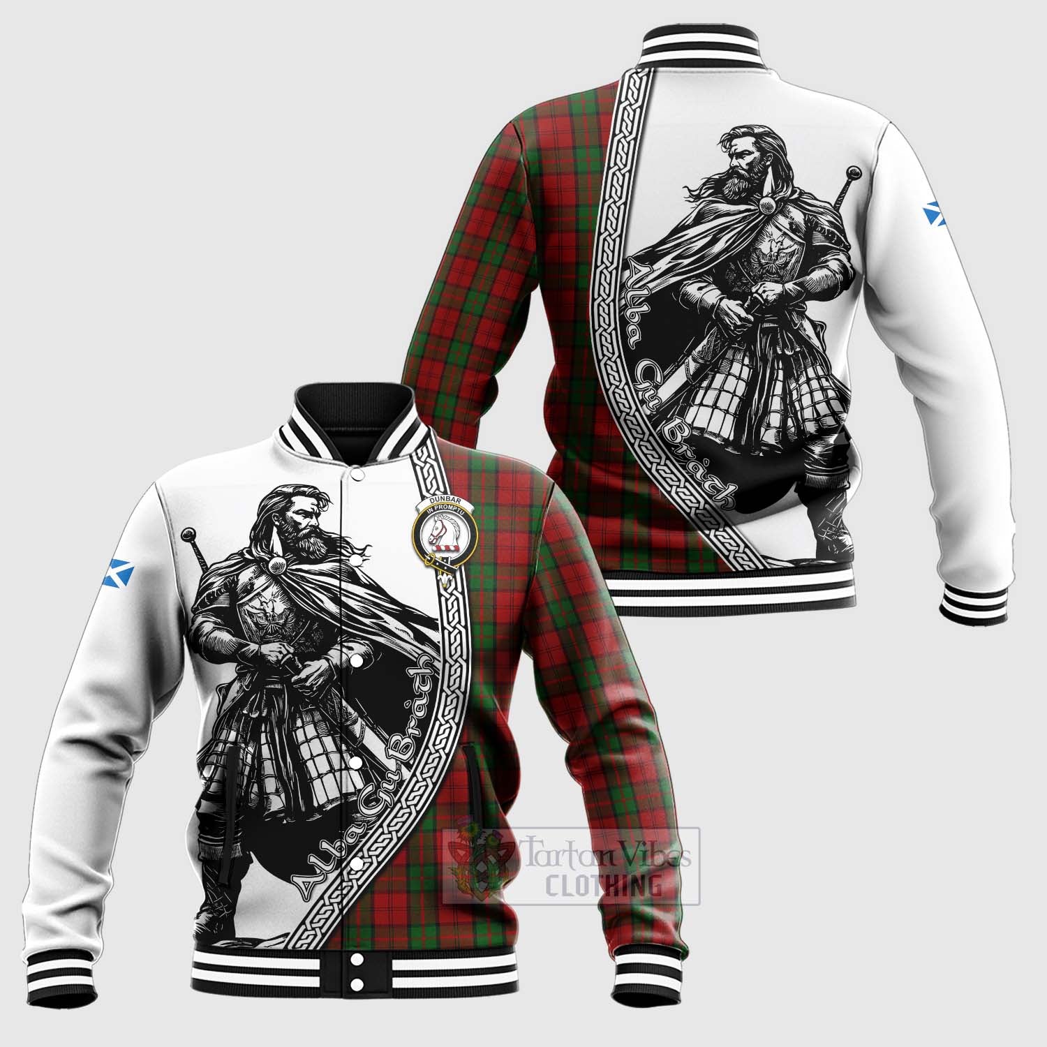 Tartan Vibes Clothing Dunbar Tartan Clan Crest Baseball Jacket with Highlander Warrior Celtic Style