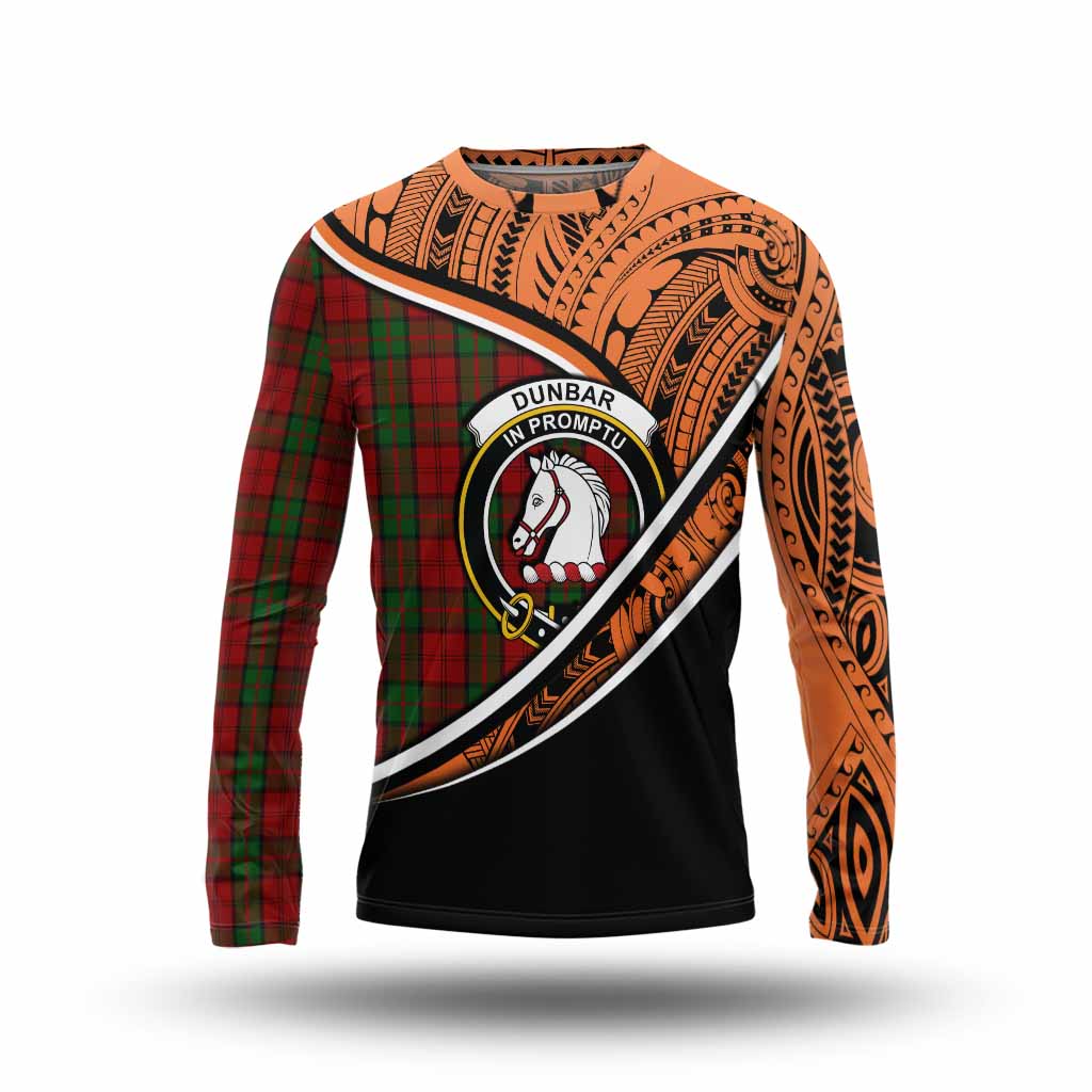 Tartan Vibes Clothing Dunbar Crest Tartan Long Sleeve T-Shirt with Maori Tattoo Style - Orange Version