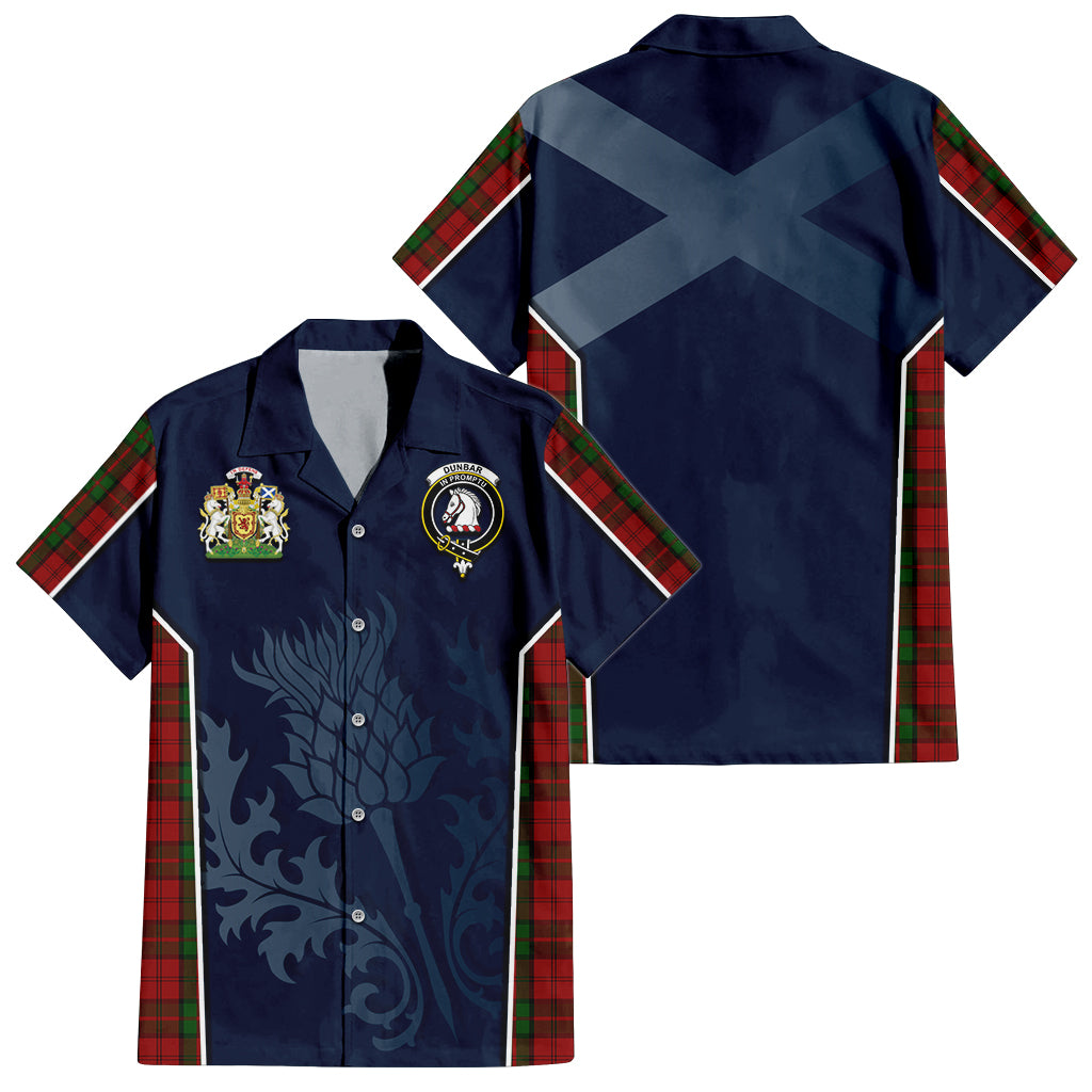 Tartan Vibes Clothing Dunbar Tartan Short Sleeve Button Up Shirt with Family Crest and Scottish Thistle Vibes Sport Style