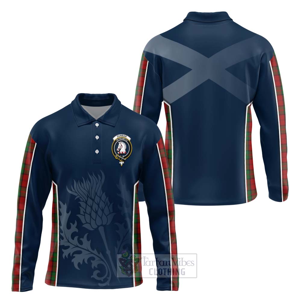 Tartan Vibes Clothing Dunbar Tartan Long Sleeve Polo Shirt with Family Crest and Scottish Thistle Vibes Sport Style