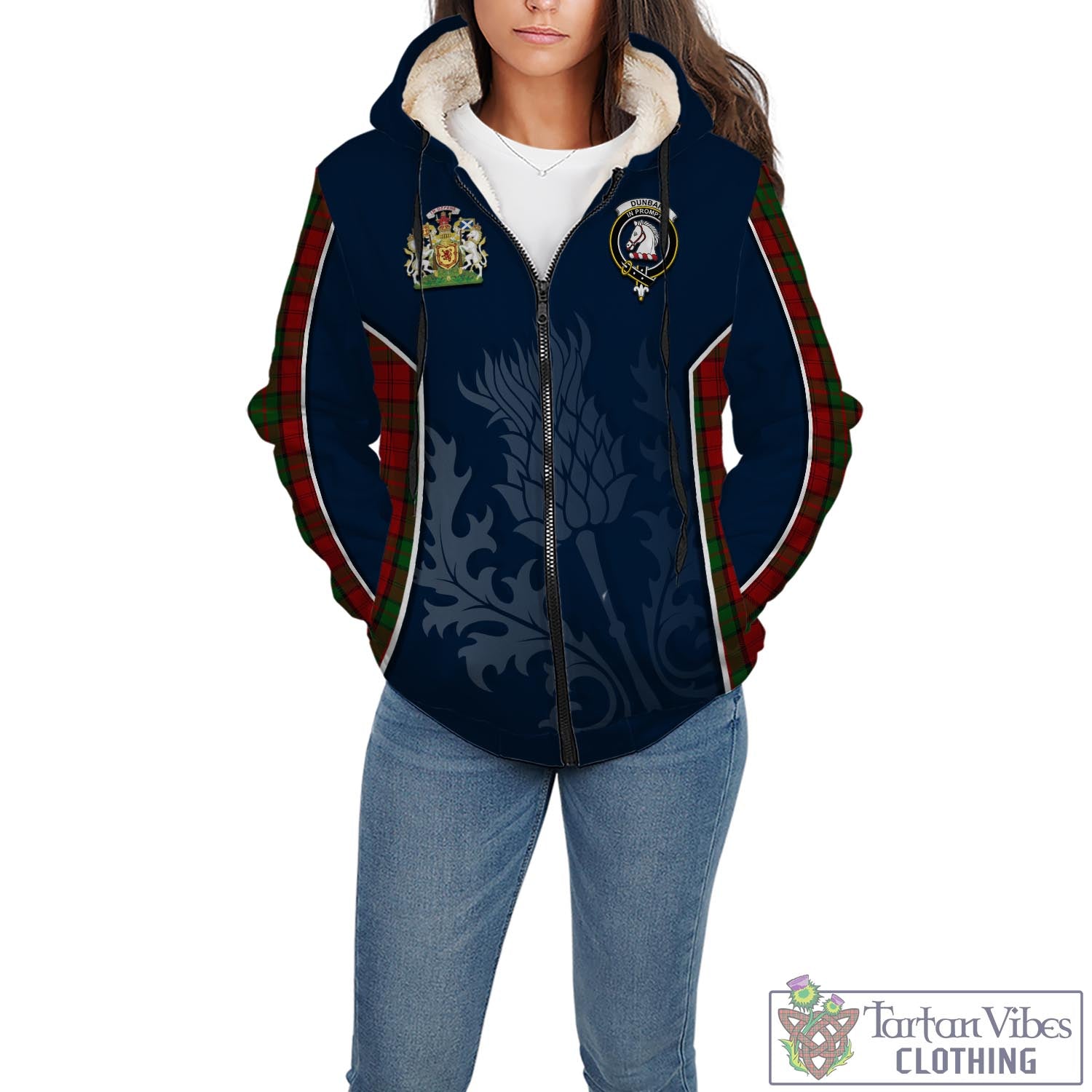 Tartan Vibes Clothing Dunbar Tartan Sherpa Hoodie with Family Crest and Scottish Thistle Vibes Sport Style