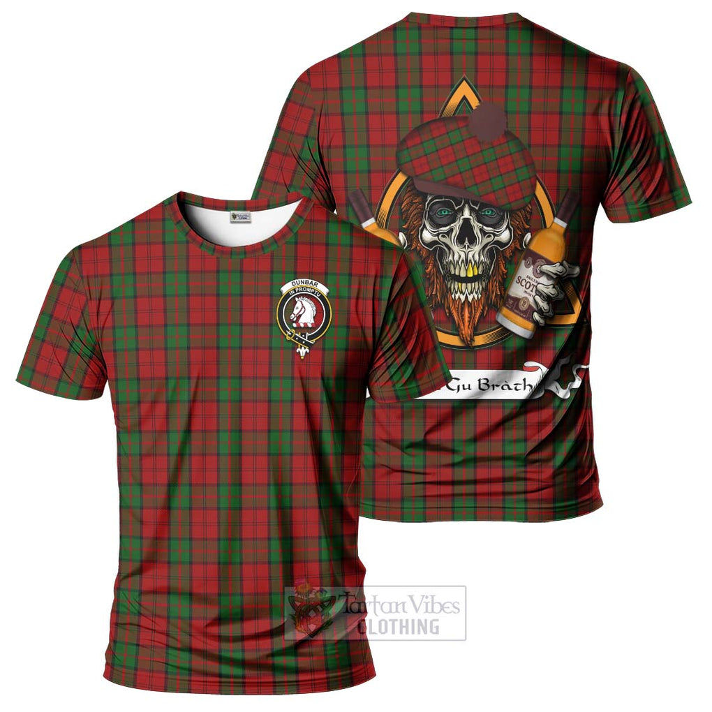 Tartan Vibes Clothing Dunbar Tartan T-Shirt with Family Crest and Bearded Skull Holding Bottles of Whiskey