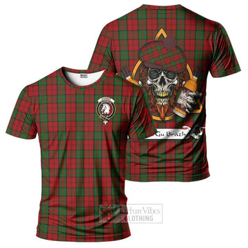 Dunbar Tartan T-Shirt with Family Crest and Bearded Skull Holding Bottles of Whiskey