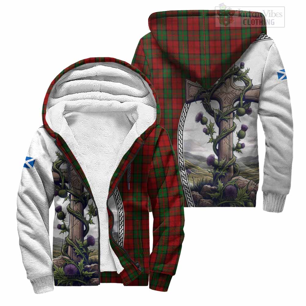 Tartan Vibes Clothing Dunbar Tartan Sherpa Hoodie with Family Crest and St. Andrew's Cross Accented by Thistle Vines