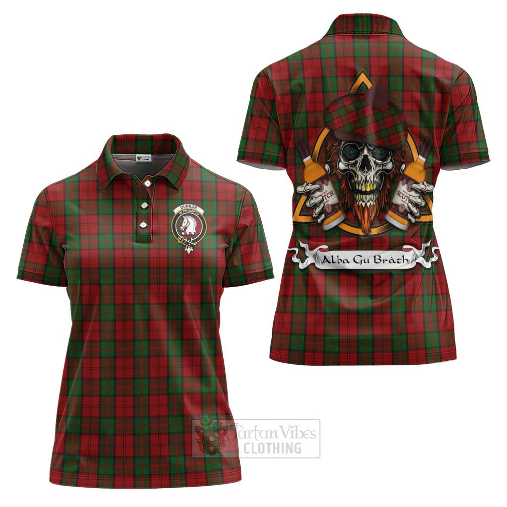 Tartan Vibes Clothing Dunbar Tartan Women's Polo Shirt with Family Crest and Bearded Skull Holding Bottles of Whiskey