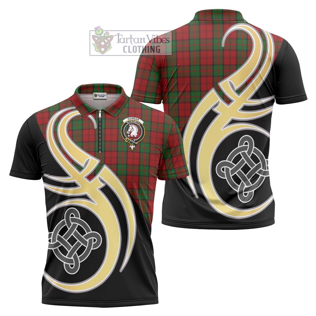 Tartan Vibes Clothing Dunbar Tartan Zipper Polo Shirt with Family Crest and Celtic Symbol Style