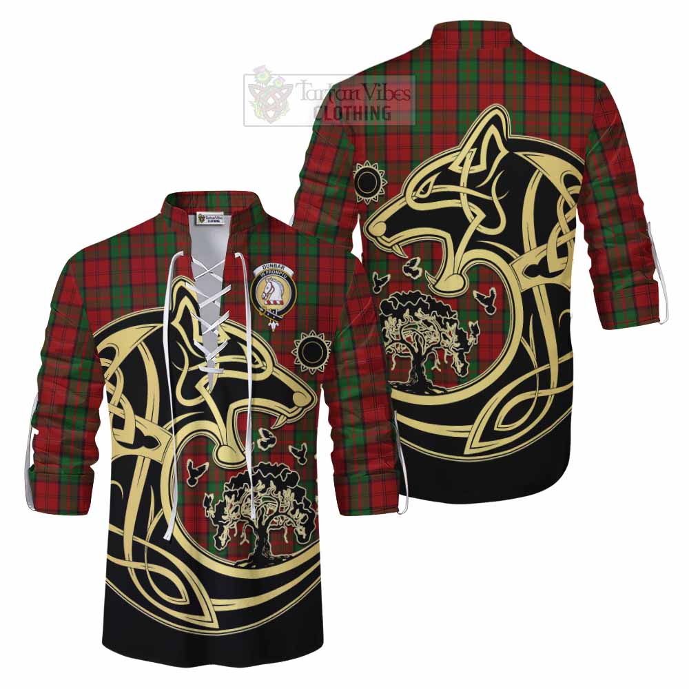 Tartan Vibes Clothing Dunbar Tartan Ghillie Kilt Shirt with Family Crest Celtic Wolf Style